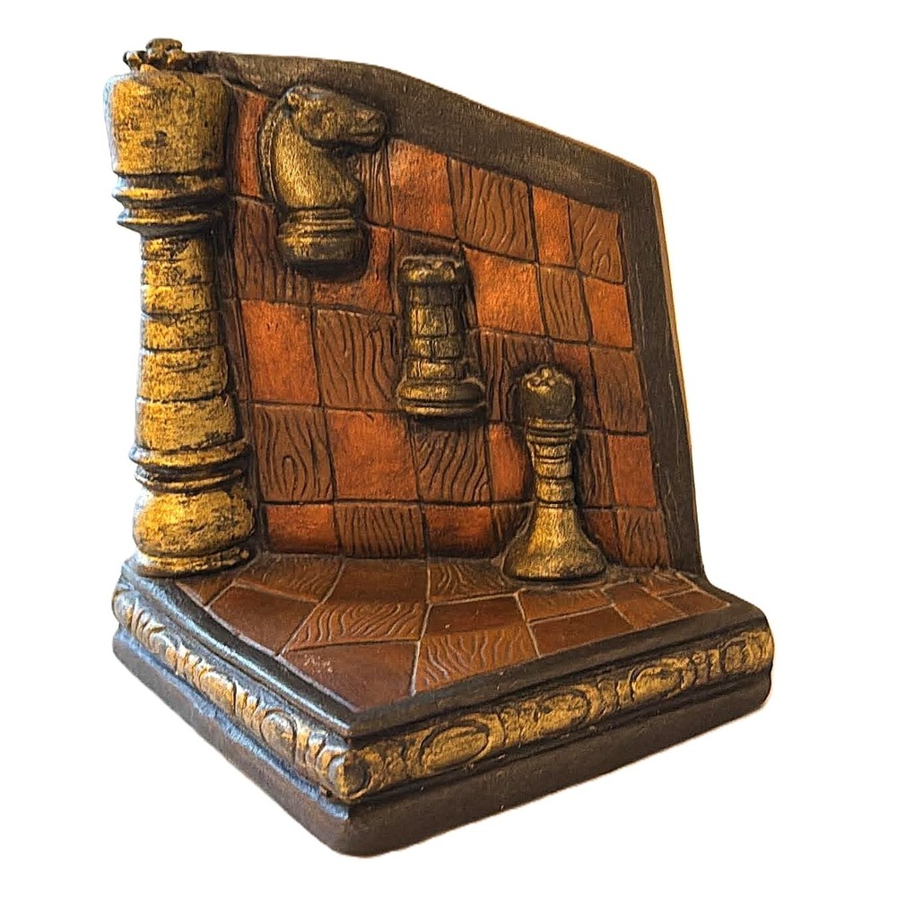 Vintage Chess Theme Bookend Gold Brown Dark Academia MCM Library Knight and Rook
